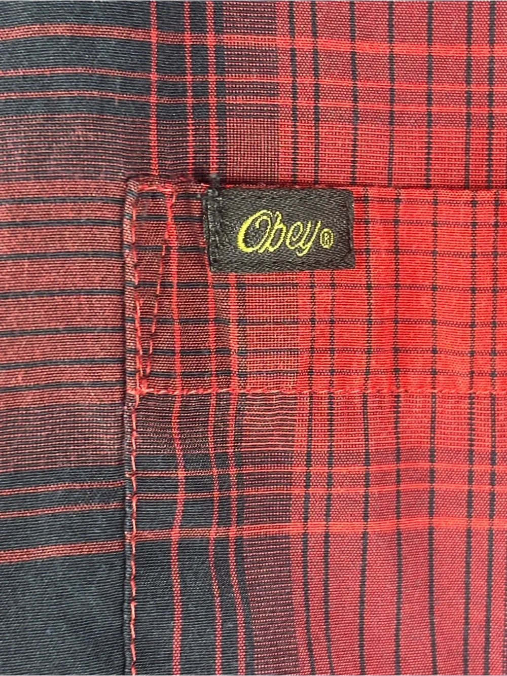 Vintage Obey Men’s Red and Black Short Sleeve Plaid Button-Up Shirt
